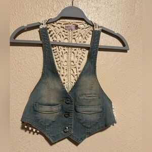 Vintage Y2K‎ Filo Denim Crochet Vest Skull Buttons Size Small